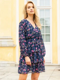 Hot Granatowa damska sukienka w kwiaty - Odzież Sukienki Letnie|Sukienki Krótkie