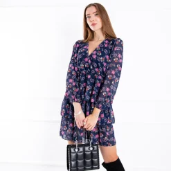 Hot Granatowa damska sukienka w kwiaty - Odzież Sukienki Letnie|Sukienki Krótkie