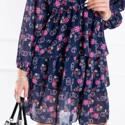 Hot Granatowa damska sukienka w kwiaty - Odzież Sukienki Letnie|Sukienki Krótkie