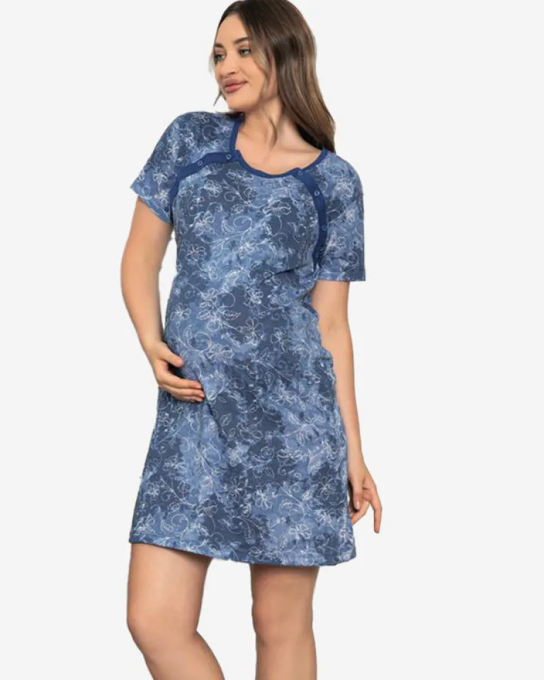 Sale Granatowa koszula nocna ciążowa i do karmienia w kwiaty - Odzież Piżamy