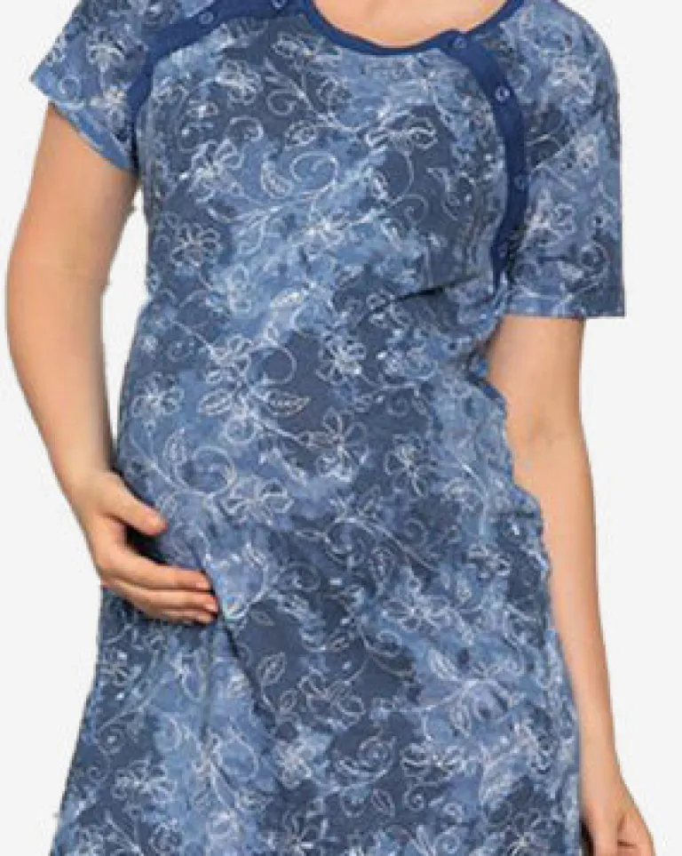 Sale Granatowa koszula nocna ciążowa i do karmienia w kwiaty - Odzież Piżamy