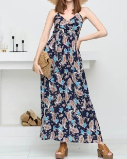 New Granatowa zwiewna damska sukienka maxi - Odzież Sukienki Letnie|Sukienki Długie