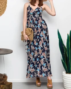 New Granatowa zwiewna damska sukienka maxi - Odzież Sukienki Letnie|Sukienki Długie