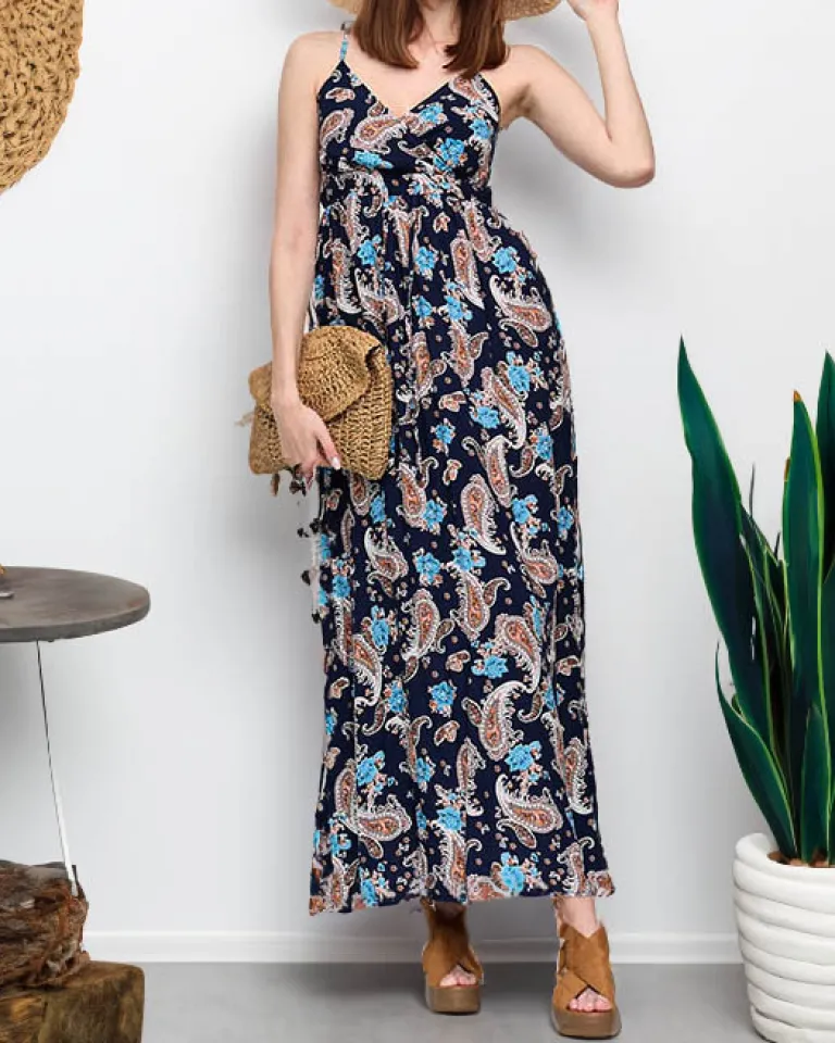 New Granatowa zwiewna damska sukienka maxi - Odzież Sukienki Letnie|Sukienki Długie