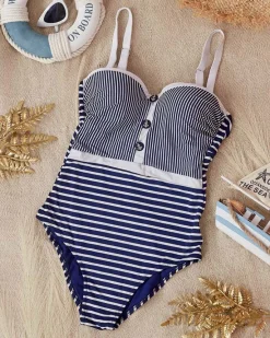 Best damski jednoczęściowy strój kąpielowy w białe paseczki - Bielizna Stroje Kąpielowe|Plus Size