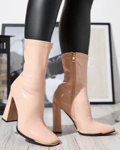 New Jasnoróżowe damskie lakierowane botki na słupku Rekila - Obuwie Botki Bez Ocieplenia|Botki Na Słupku