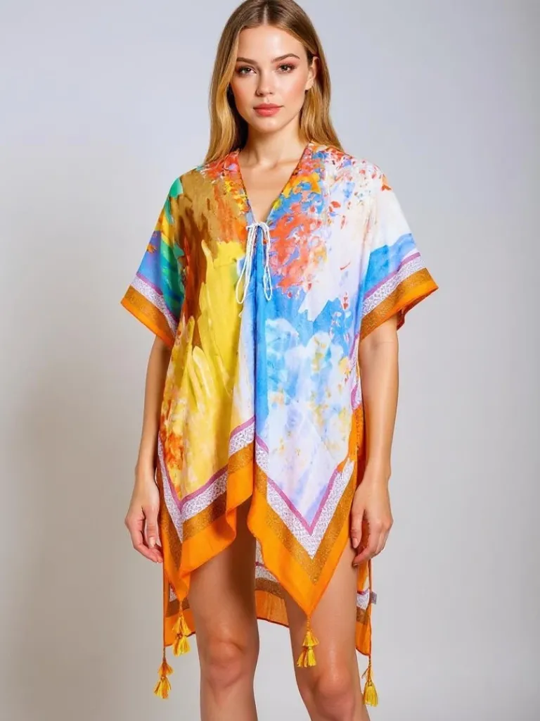 Clearance Kolorowe Pareo Callista by – Zwiewna Sukienka plażowa do kolan Narzutka Plażowa|Bluzki / Koszule / Koszulki