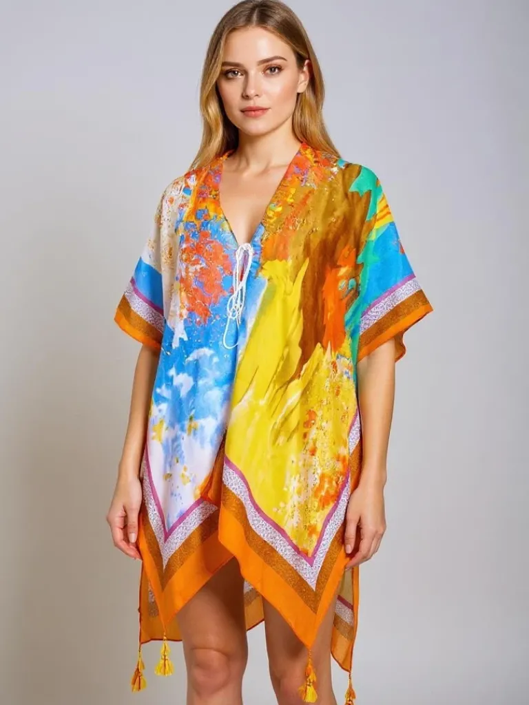 Clearance Kolorowe Pareo Callista by – Zwiewna Sukienka plażowa do kolan Narzutka Plażowa|Bluzki / Koszule / Koszulki