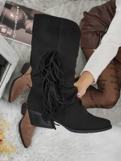 Kowbojki damskie na obcasie z frędzelkami Selva Botki Z Delikatnym Ociepleniem|Botki Na Słupku