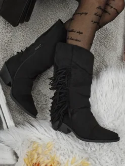 Kowbojki damskie na obcasie z frędzelkami Selva Botki Z Delikatnym Ociepleniem|Botki Na Słupku