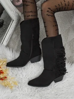 Kowbojki damskie na obcasie z frędzelkami Selva Botki Z Delikatnym Ociepleniem|Botki Na Słupku