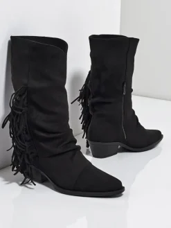 Kowbojki damskie na obcasie z frędzelkami Selva Botki Z Delikatnym Ociepleniem|Botki Na Słupku