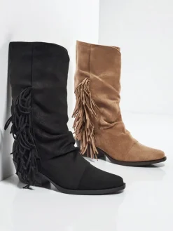 Kowbojki damskie na obcasie z frędzelkami Selva Botki Z Delikatnym Ociepleniem|Botki Na Słupku