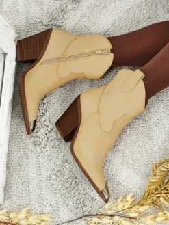 Online Kowbojki damskie na obcasie z ozdobnym czubkiem Fang Glacier Botki Bez Ocieplenia|Kowbojki