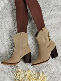 Clearance Kowbojki damskie na obcasie z ozdobnymi wstawkami Cendria Botki Z Delikatnym Ociepleniem|Kowbojki