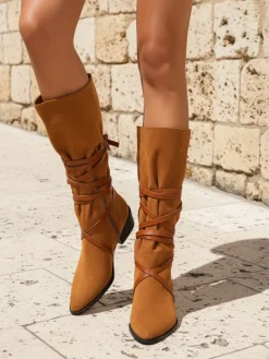 Outlet Kozaki damskie Lavinia skóra ekologiczna zamszowa styl włoski Kozaki Bez Ocieplenia