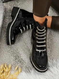 Hot Lakierowane sznurowane botki damskie Fjorra Botki Z Delikatnym Ociepleniem|Botki Sznurowane