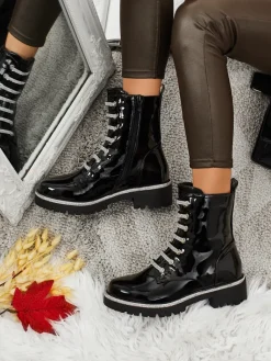Hot Lakierowane sznurowane botki damskie Fjorra Botki Z Delikatnym Ociepleniem|Botki Sznurowane
