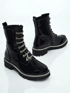 Hot Lakierowane sznurowane botki damskie Fjorra Botki Z Delikatnym Ociepleniem|Botki Sznurowane