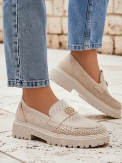 Clearance Loafers damskie Callista beżowe z eko-zamszu na płaskiej podeszwie 4 cm Półbuty|Mokasyny Na Płaskiej Podeszwie
