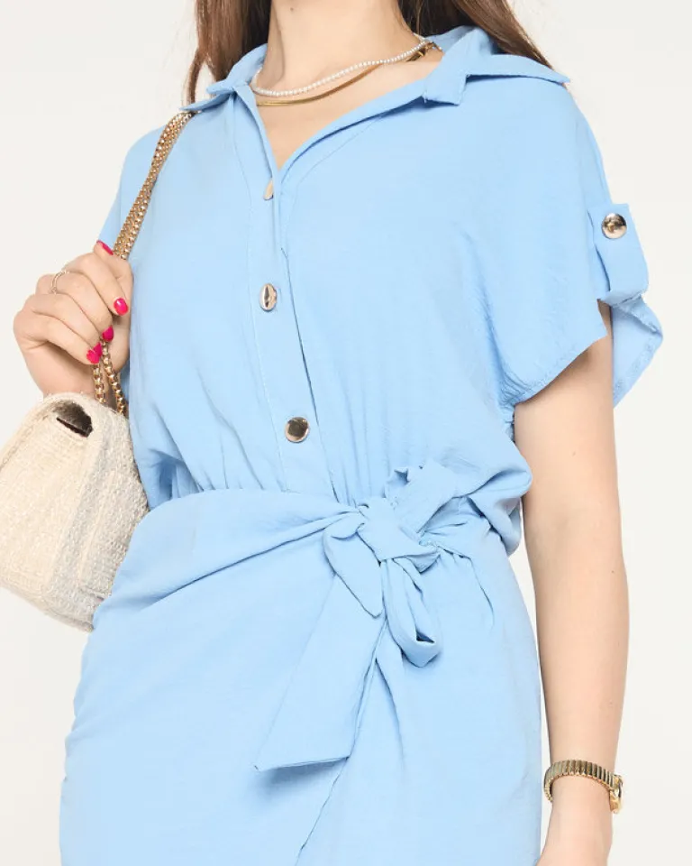 Best Niebieska damska mini sukienka z wiązaniem - Odzież Sukienki Letnie|Sukienki Krótkie