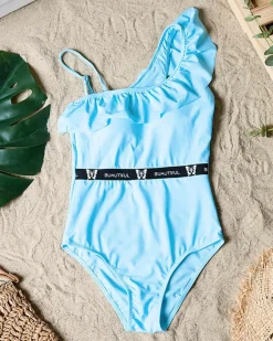 Sale Niebieski jednoczęściowy kostium kąpielowy damski z falbanką - Bielizna Stroje Kąpielowe