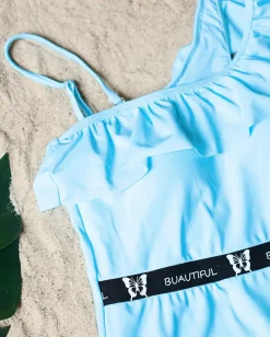 Sale Niebieski jednoczęściowy kostium kąpielowy damski z falbanką - Bielizna Stroje Kąpielowe