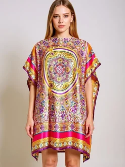 Sale Pareo Melania – wielokolorowa sukienka o kroju kimonowym do kolan Narzutka Plażowa|Bluzki / Koszule / Koszulki