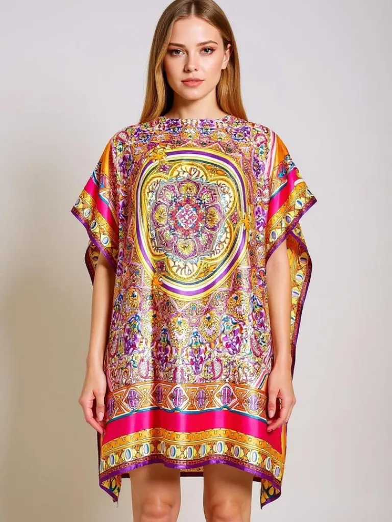 Sale Pareo Melania – wielokolorowa sukienka o kroju kimonowym do kolan Narzutka Plażowa|Bluzki / Koszule / Koszulki