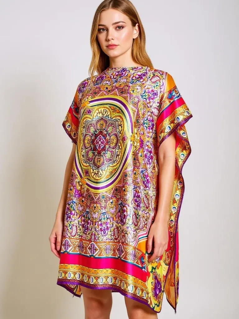 Sale Pareo Melania – wielokolorowa sukienka o kroju kimonowym do kolan Narzutka Plażowa|Bluzki / Koszule / Koszulki