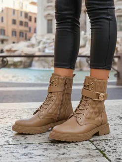 Hot Pikowane botki damskie z ekologicznej skóry Sable Rose Botki Z Delikatnym Ociepleniem|Botki Sznurowane