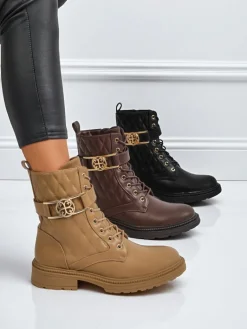 Hot Pikowane botki damskie z ekologicznej skóry Sable Rose Botki Z Delikatnym Ociepleniem|Botki Sznurowane