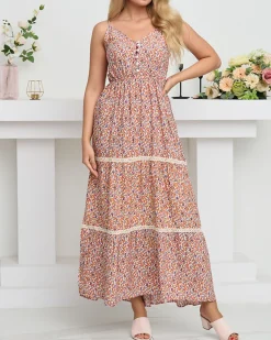 Outlet Pomarańczowa długa sukienka damska w kolorowe kwiatki - Odzież Sukienki Letnie|Plus Size