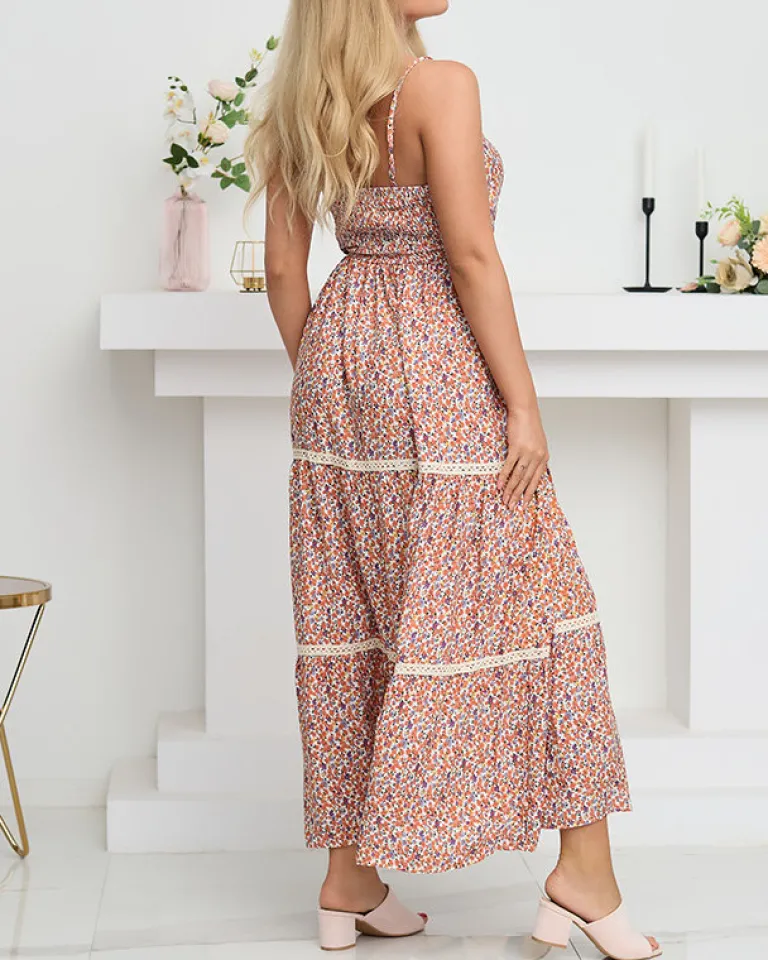 Outlet Pomarańczowa długa sukienka damska w kolorowe kwiatki - Odzież Sukienki Letnie|Plus Size
