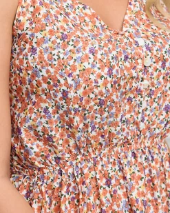 Outlet Pomarańczowa długa sukienka damska w kolorowe kwiatki - Odzież Sukienki Letnie|Plus Size