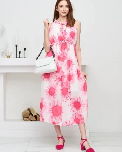 Sale Różowa damska sukienka maxi w kwiaty- Odzież Sukienki Letnie|Sukienki Długie