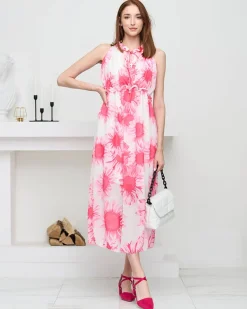 Sale Różowa damska sukienka maxi w kwiaty- Odzież Sukienki Letnie|Sukienki Długie
