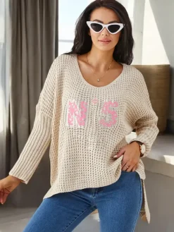 Best Akrylowy damski sweter dzianinowy z napisami Swetry