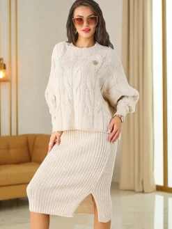 Best Akrylowy pleciony komplet damski ze swetrem i spódnicą Warm&Fuzzy Damskie Komplety Damskie