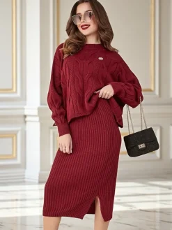 Hot Akrylowy pleciony komplet damski ze swetrem i spódnicą Warm&Fuzzy Damskie Komplety Damskie