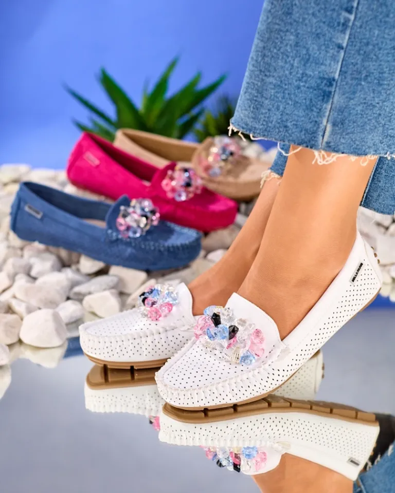 Ażurowe białe mokasyny damskie z ozdobnymi kryształkami Cizzas Półbuty|Mokasyny Na Płaskiej Podeszwie