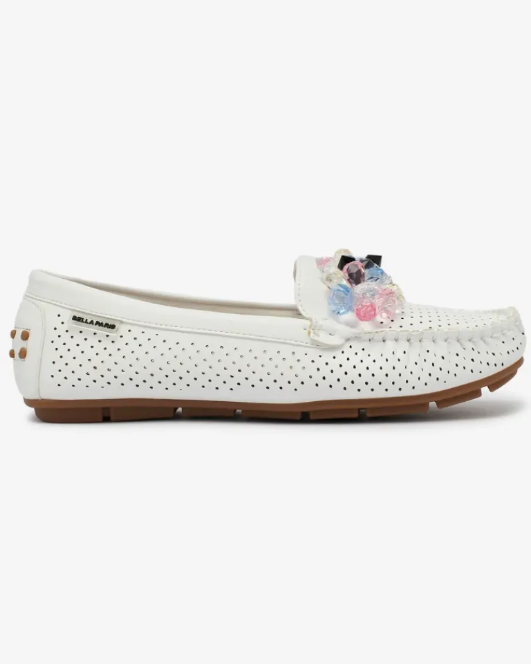 Ażurowe białe mokasyny damskie z ozdobnymi kryształkami Cizzas Półbuty|Mokasyny Na Płaskiej Podeszwie