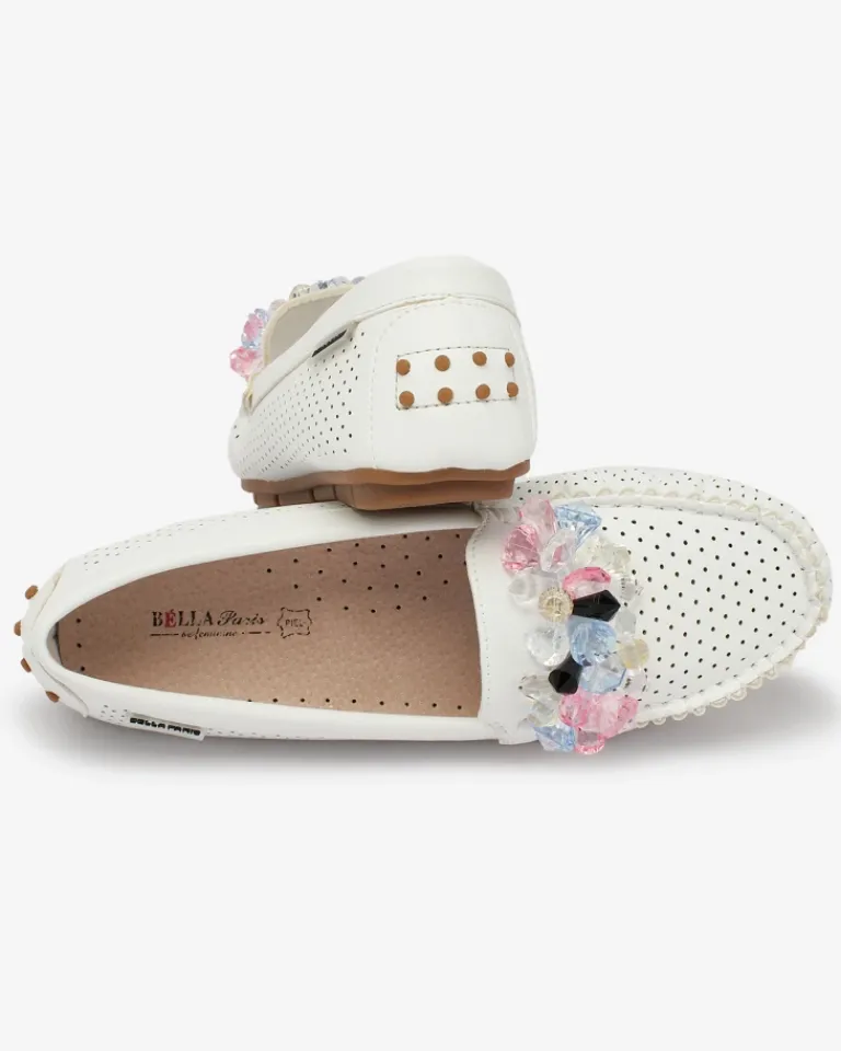 Ażurowe białe mokasyny damskie z ozdobnymi kryształkami Cizzas Półbuty|Mokasyny Na Płaskiej Podeszwie