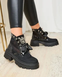 Hot Ażurowe botki damskie w kolorze czarnym Afaserr Botki Bez Ocieplenia|Botki Na Płaskim Obcasie