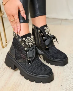 Hot Ażurowe botki damskie w kolorze czarnym Afaserr Botki Bez Ocieplenia|Botki Na Płaskim Obcasie