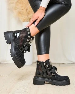 Hot Ażurowe botki damskie w kolorze czarnym Afaserr Botki Bez Ocieplenia|Botki Na Płaskim Obcasie