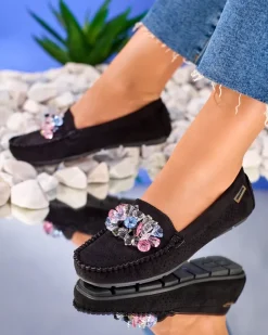 Discount Ażurowe czarne mokasyny damskie z ozdobnymi kryształkami Cizzas Półbuty|Mokasyny Na Płaskiej Podeszwie