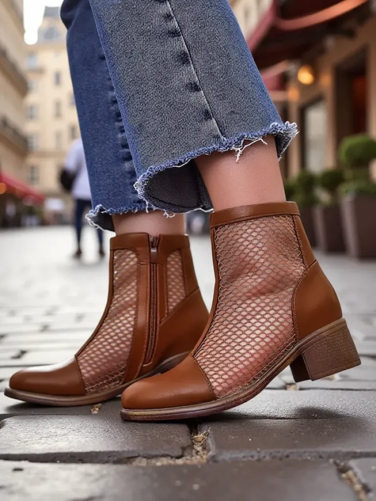 Hot Ażurowe Damskie botki na niskim obcasie Rowices Botki Bez Ocieplenia|Botki Na Płaskim Obcasie