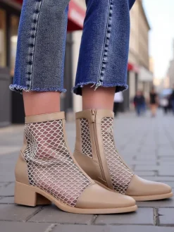 Sale Ażurowe Damskie botki na niskim obcasie Rowices Botki Bez Ocieplenia|Botki Na Płaskim Obcasie