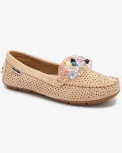 Ażurowe jasnobrązowe mokasyny damskie z ozdobnymi kryształkami Cizzas Półbuty|Mokasyny Na Płaskiej Podeszwie